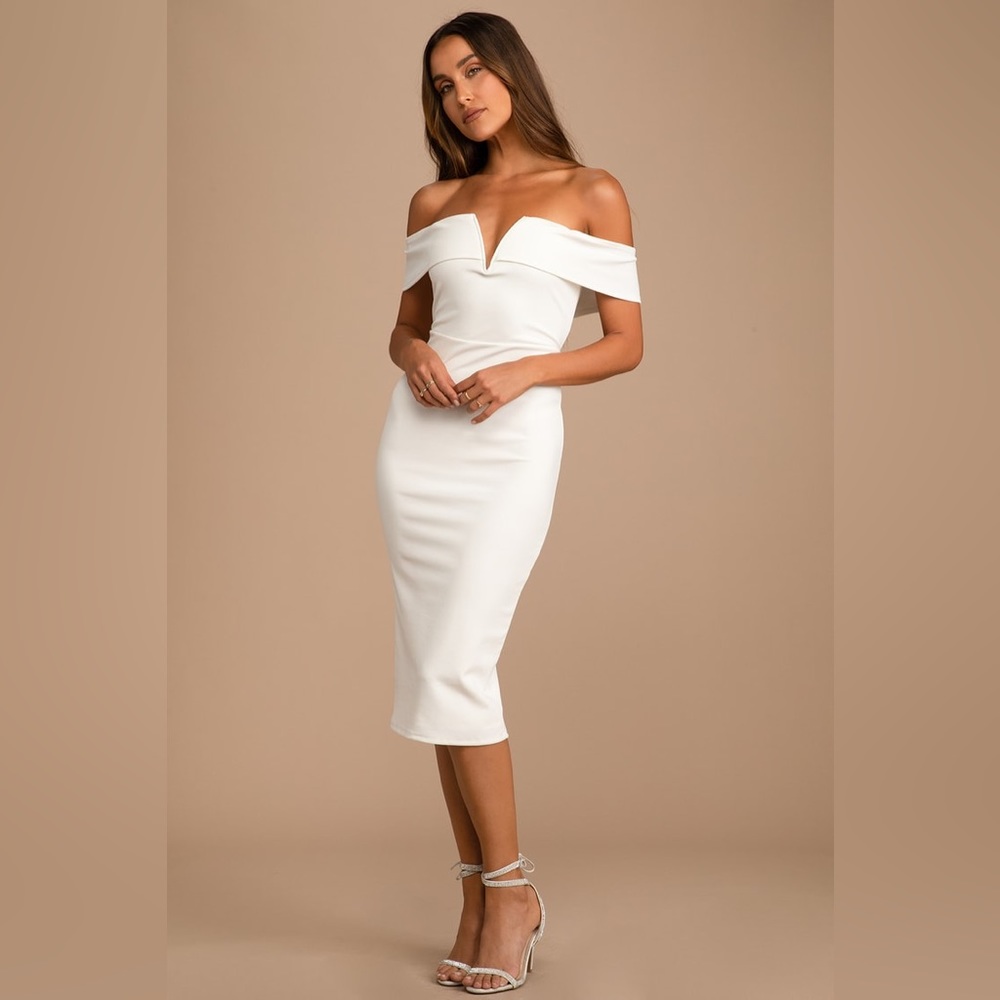 Lulus My Favorite Night Ivory Off-the-Shoulder Bodycon Midi Dress
